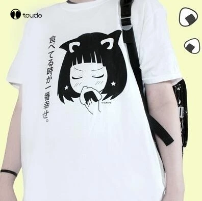 

Harajuku Style Eating Is Pure Happiness Japanese Anime T-Shirt Women Fashion Cute Loose White Tee Tee Shirt fashion funny new