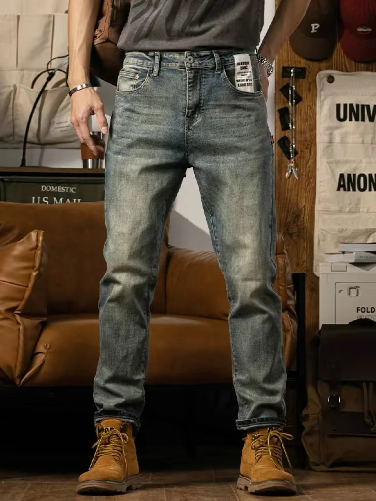 

American Style Loose Straight Leg Jeans Men's Autumn Winter Regular Casual Versatile Long Jeans Wear Resistant Retro Pants