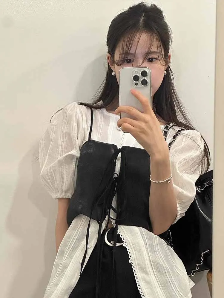 Top de Verão F com Alças Curtas e Cinto, Estilo Camada, Tamanho Pequ, Sensação de Moda gável