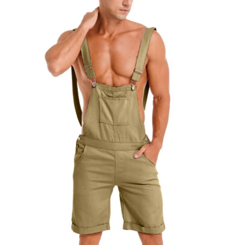 Men Overalls Multiple Pockets Solid Color Adjustable Strap Vintage Jumpsuits Casual Wear Loose Cargo Romper Shorts  Pants