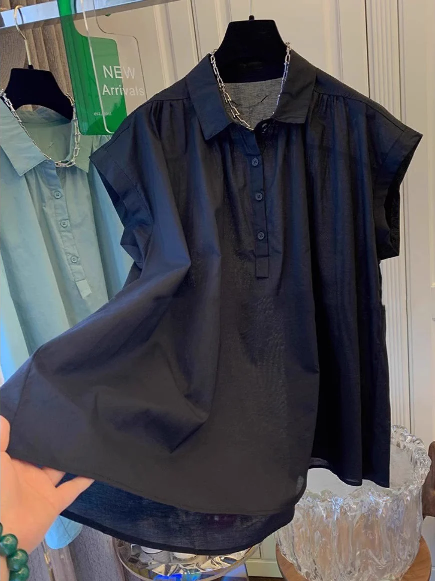 

plus Size Korean Style Pleated Sleeveless Shirt Loose Casual Top for plus Size Women Summer Breathable Polyester Fiber