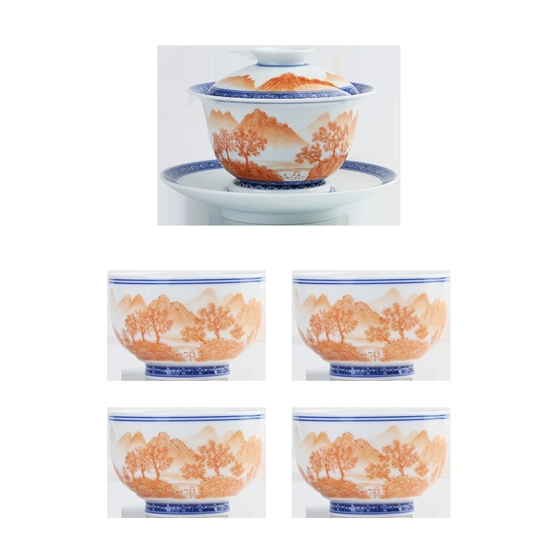 

All-handmade retro ceramic cover bowl teacup set hand-painted blue and white alum red landscape kung fu tea set