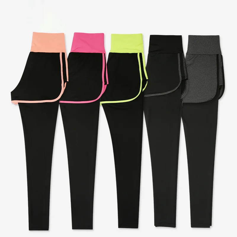 PINGNIAO High Waist Yoga Shorts Fake Two Pieces Pants Running Sports Gym Dress Training Clothes Stretch Leggings Tights Fitness