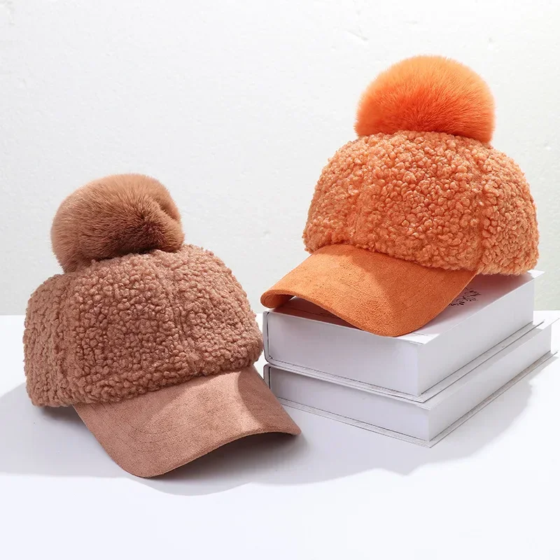 Women Winter Faux Fleece Baseball Peak Cap Soft Warm Solid Color Cute Pompom Hip Hop Sunscreen Visor Brim Beanie Hat