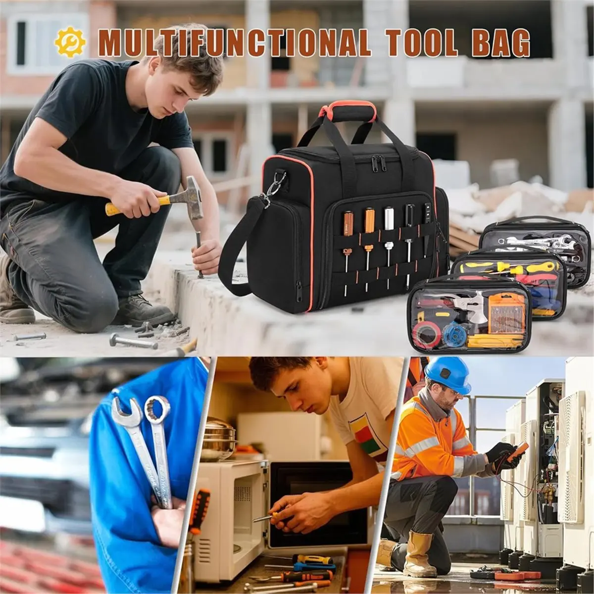 Tool Bag with 3 Removable Cases, 2 Layers Tool Tote for Hand Tools Electrician Tool Bag Oxford Cloth