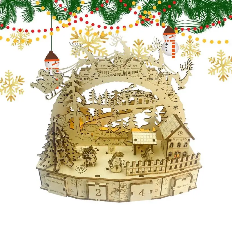 Christmas Advent Calendar Fun Wood Puzzle Model Kit Christmas Village Model Building Kit With LED Light Holiday Home Decoration