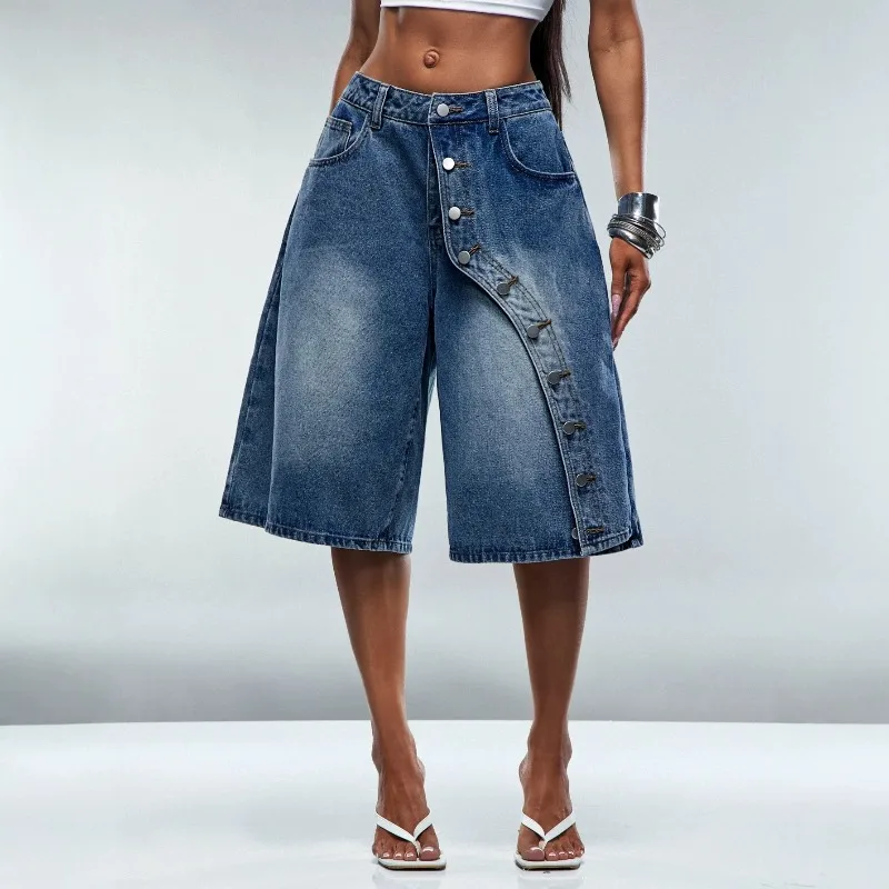 Women Y2K Street Style Denim Capri Pants High Waist  Asymmetrical Diagonal Button Wide Leg Culottes Vintage Baggy Cropped Jeans