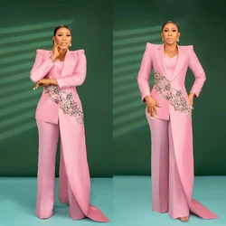 Customized Hot Pink Red Carpet Fashion Women Pants Suits 2 Pieces Slim Fit Crystal Beads Prom Evening Party Wear