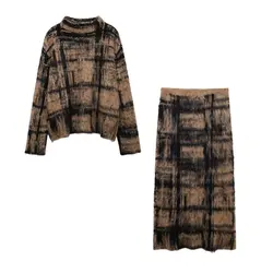 UNIZERA Women's Skirt Set Checkered Jacquard Stand up Collar Knitted Shirt High Waist Midi Skirt Autumn New Collection