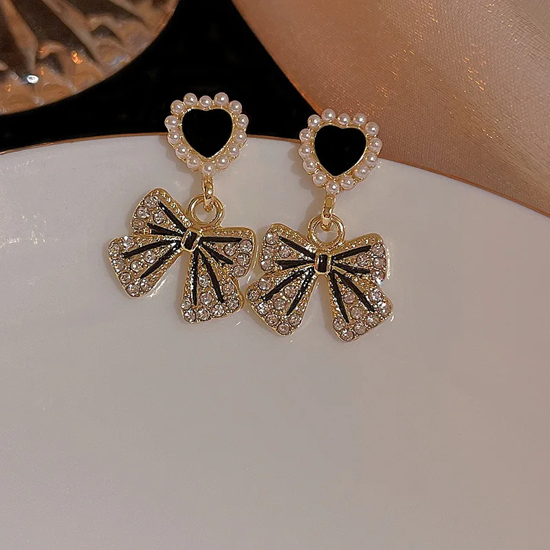 Elegant Fashion Crystal Pearl Sweet Heart Bow Earrings for Women Temperament Wedding Party Drop Earring Anniversary Gift Jewelry