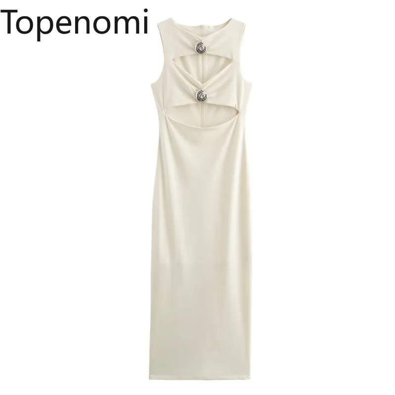 Topenomi Fashion Evening Dresses Women Sexy Hollow Out Sleeveless Waist Slim Zipper Long Dress Elegant Party Club Ladies Robes