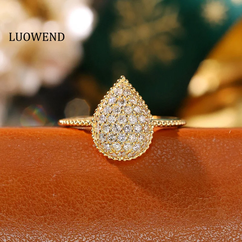 LUOWEND 100% 18K Yellow Gold Rings 0.52carat Real Natural Diamond Ring for Women Elegant Water Drop Shape High Wedding Jewelry