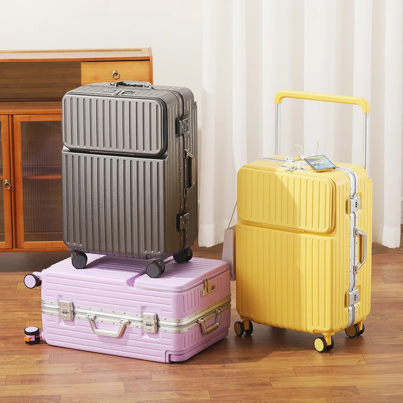 جديد الألومنيوم الإطار الجبهة افتتاح واسعة حقيبة تروللي بعجلات 20 بوصة الناقل متعددة الوظائف 26/28 حقائب سفر سعة كبيرة