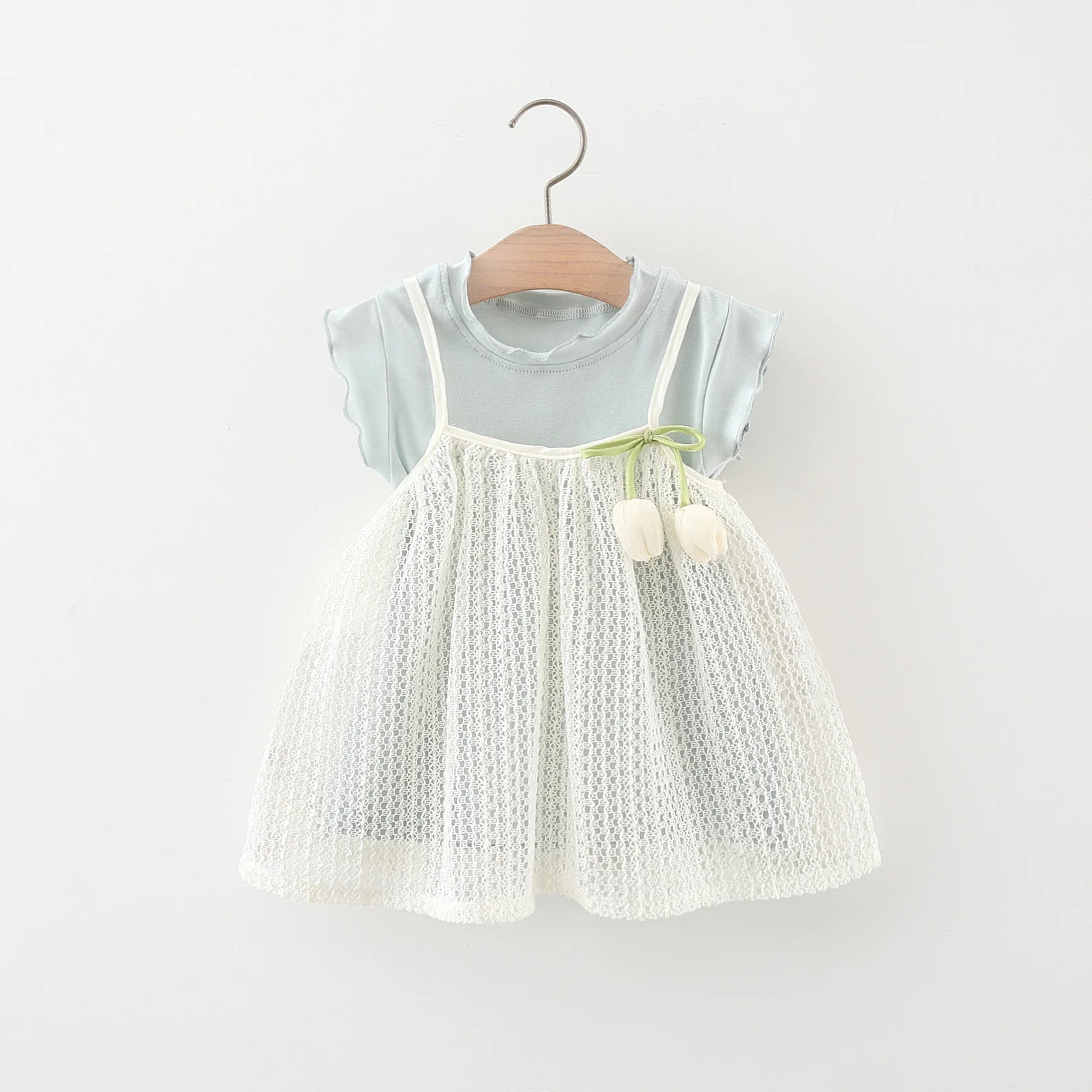 2Pcs/Set Summer Tulip Lace Suspender Baby Girl Dress Two-Piece Set Cute Short Sleeved Girl Princess Dress