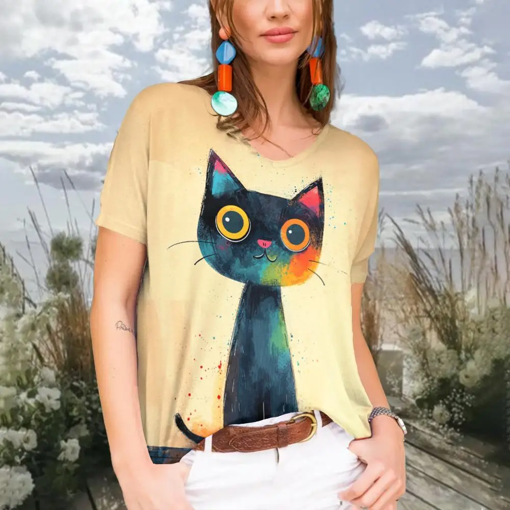 

Casual T-Shirt Women Clothing Top Tee Summerwomen's T-Shirt Retro 3d Printing Cartoon Animal Cat Daily Fashion Short Sleeve