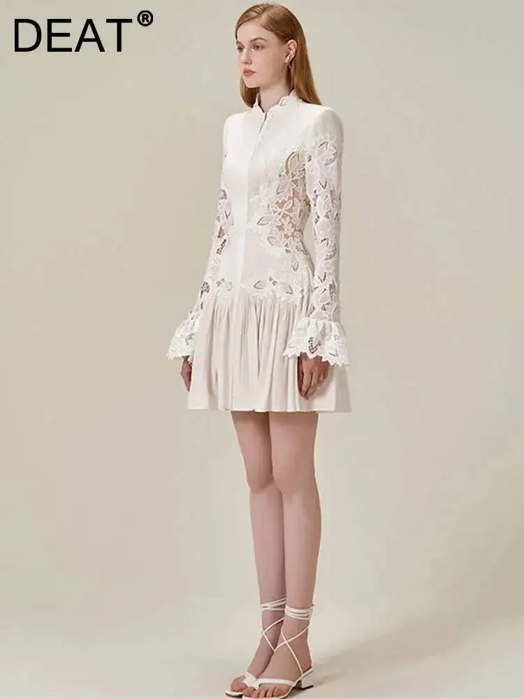 flare sleeve hollow out lace embroidery dress DEAT 2026 Autumn Women's Dress Lace Embroider Flare Sleeve Hollow Out  Fashion Pleated Elegant Short Dresses Female New 13DB4750