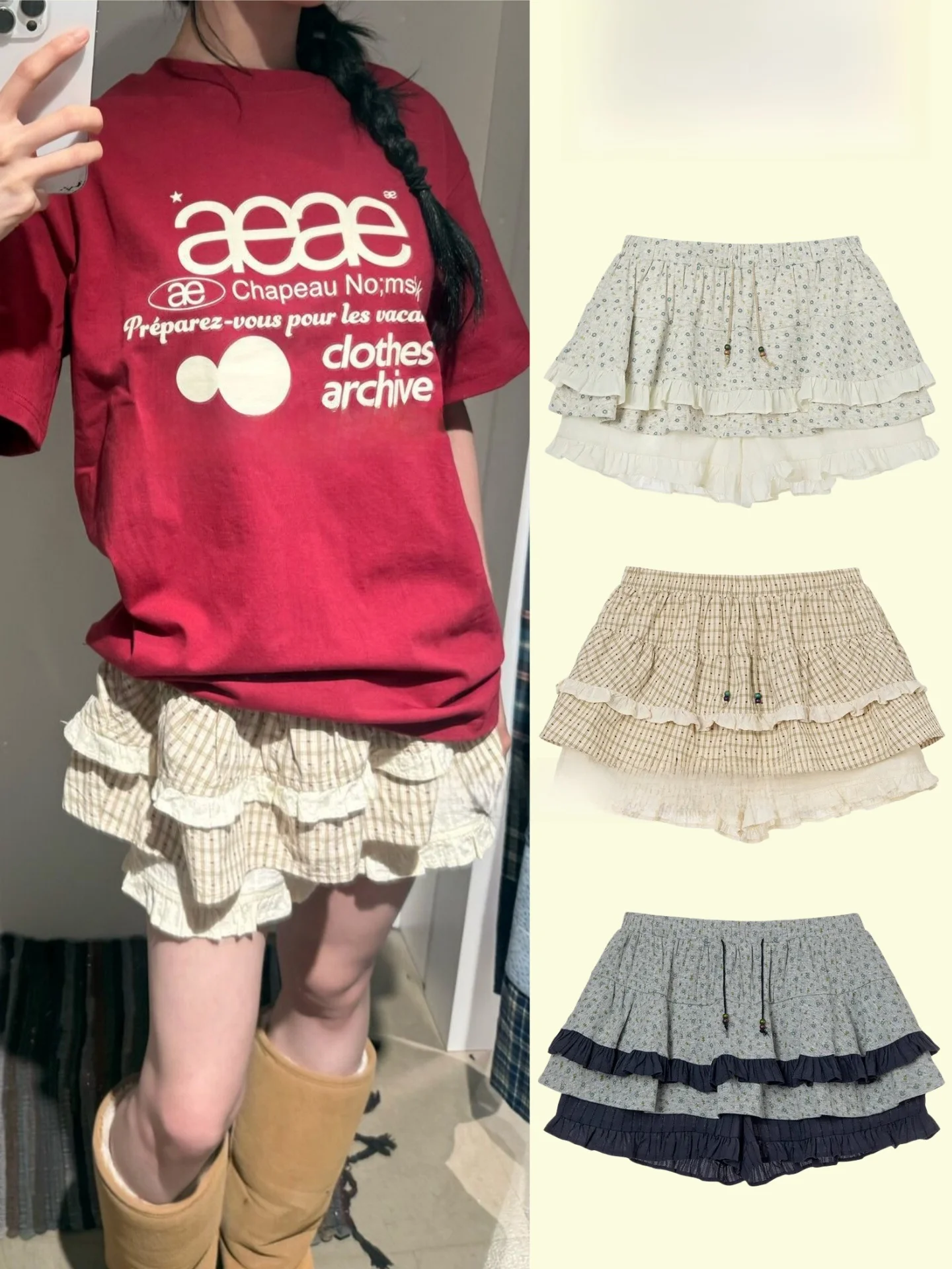 

AEAE Short Cake Skirt Floral Pleated Women's Korean Style Spring Summer Cotton Half Body Skirt with Belt Design