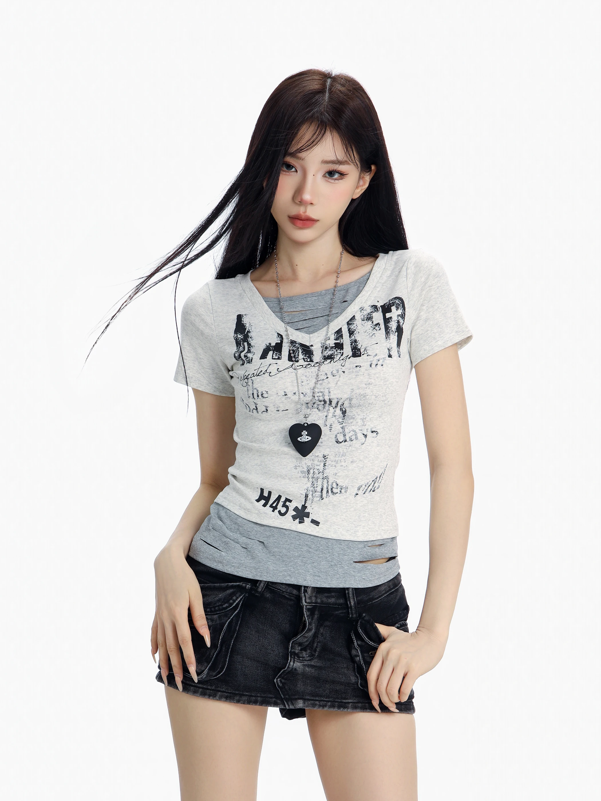 

Женская футболка в стиле ретро с коротким рукавом, облегающая, с принтом, имитация двухслойности, с эффектом дырок, для летних городских прогулок, из смесового хлопка