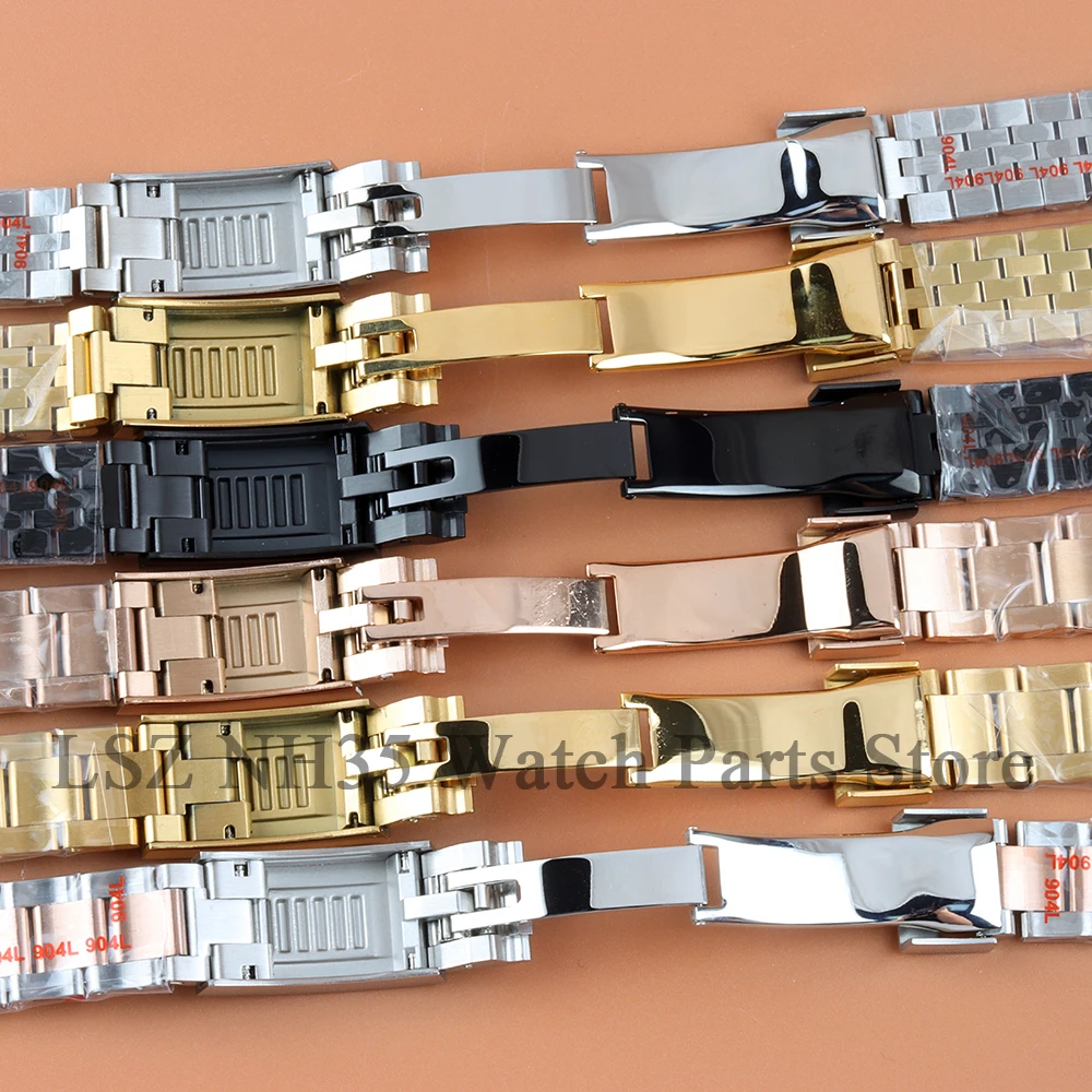 Cinturino per orologio in acciaio 316L da 20 mm Cinturini in oro rosa/nero/argento NH35 Fibbia pieghevole adatta NH35 SUB GMT Log Case Oyster/Jubilee Strap