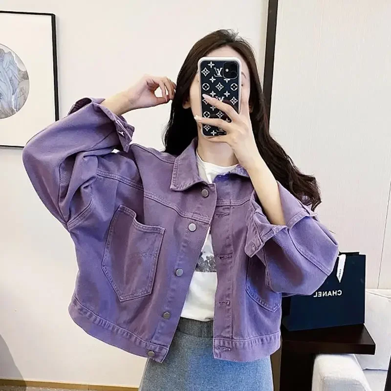 2023 New Fashion Women Purple Casual Denim Jacket Ladies Spring and Autumn New Jackets Popular Ladies Short Top Solid Color Coat