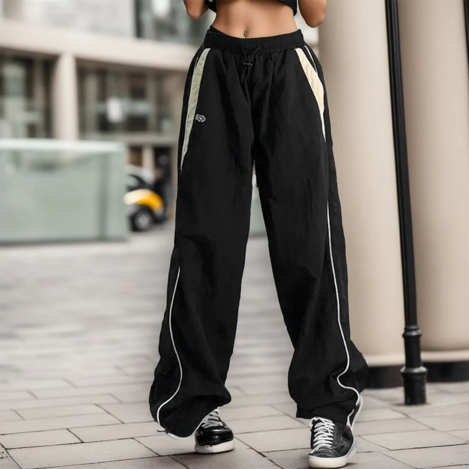 New Fashion Women Retro Drawstring Trousers Y2k Solid Casual Daily Baggy Wide Leg Full Sweatpant Mid Waist Sporty Female Clothes