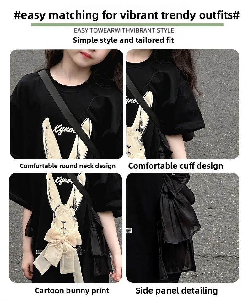 2026 Neues Sommer-T-Shirt-Kleid für Mädchen mit Hasen-Print und Schleife, lockeres langes Kinder-T-Shirt-Oberteil für Mädchen von 5-16 Jahren – Detail 5