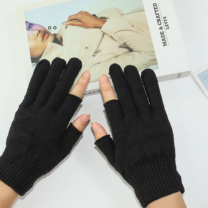 Two-Finger Gloves for Women, Autumn and Winter, Student Writing Gloves, Warm Half-Finger Gloves, Touchscreen Gloves for Men, Driving and Work, Knitted Gloves