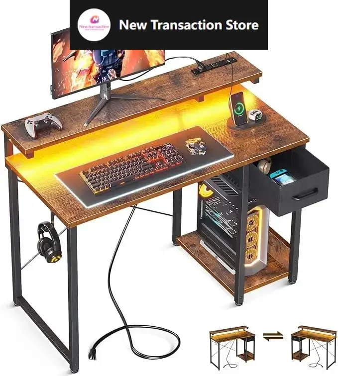 

40 Inch Computer Desk with Drawers & Power Outlets, Study Writing Monitor Stand for Small Space, Bedroom, Gaming, Home Office