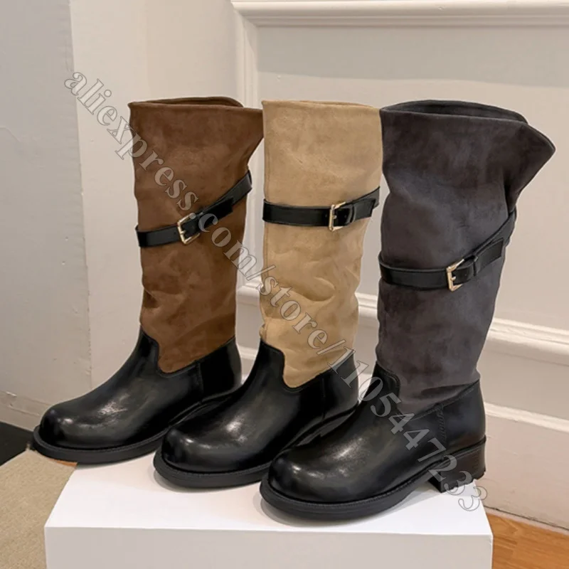 Women Fold Over Knee High Boots Suede Leather Patchwork Buckle Strap Round Toe Chunky Low Heels Beige Black Winter Rider Shoes