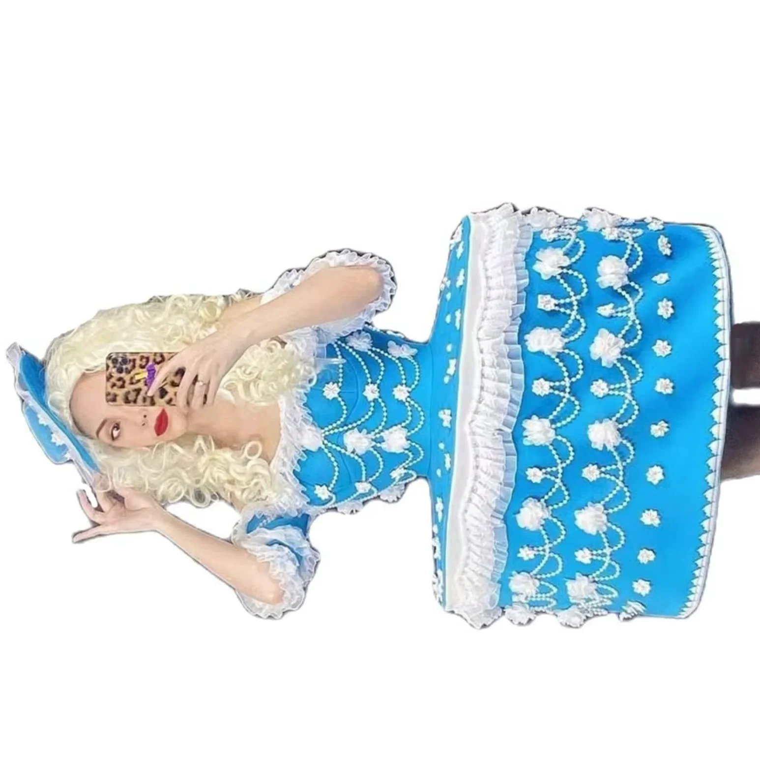 

Women Party Cosplay Costume Blue Appliques Evening Party Cake Dresses Pearl Flower Pink Festival Stage Rave Clothes Cake Dress