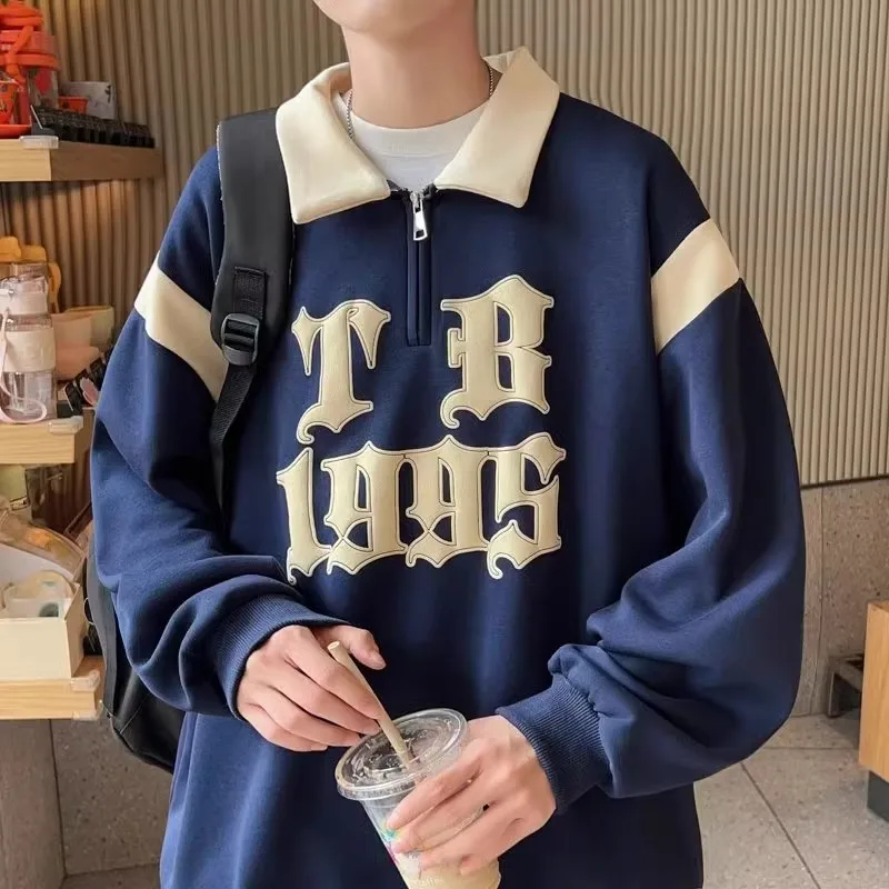 American Vintage POLO Neck Oversized Sweaters Men Hip Hop Brand Letter Print Graphic Hoodies Autumn Winter Long Sleeve Pullover