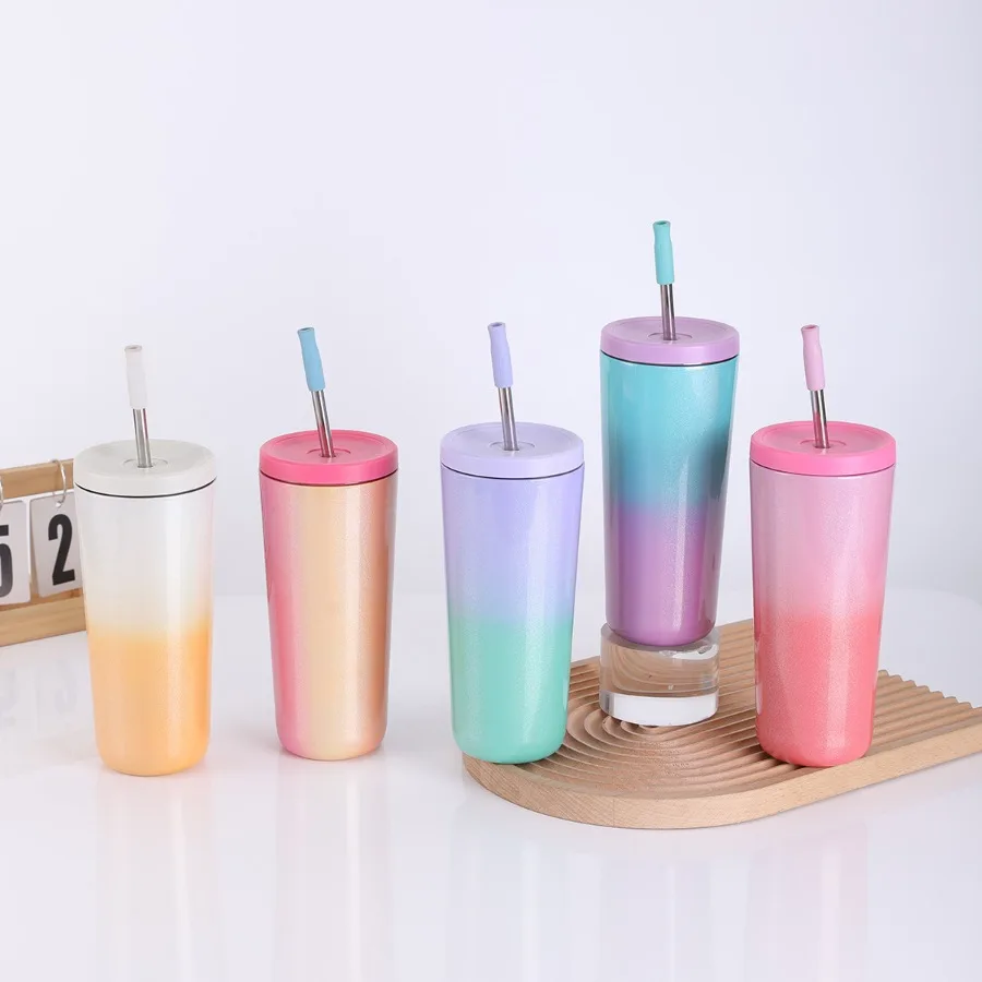 

Creative Rainbow Paint Stainless Steel Outdoor Portable Insulated Car Cup Fashionable Double-Layer Vacuum Straw Cup