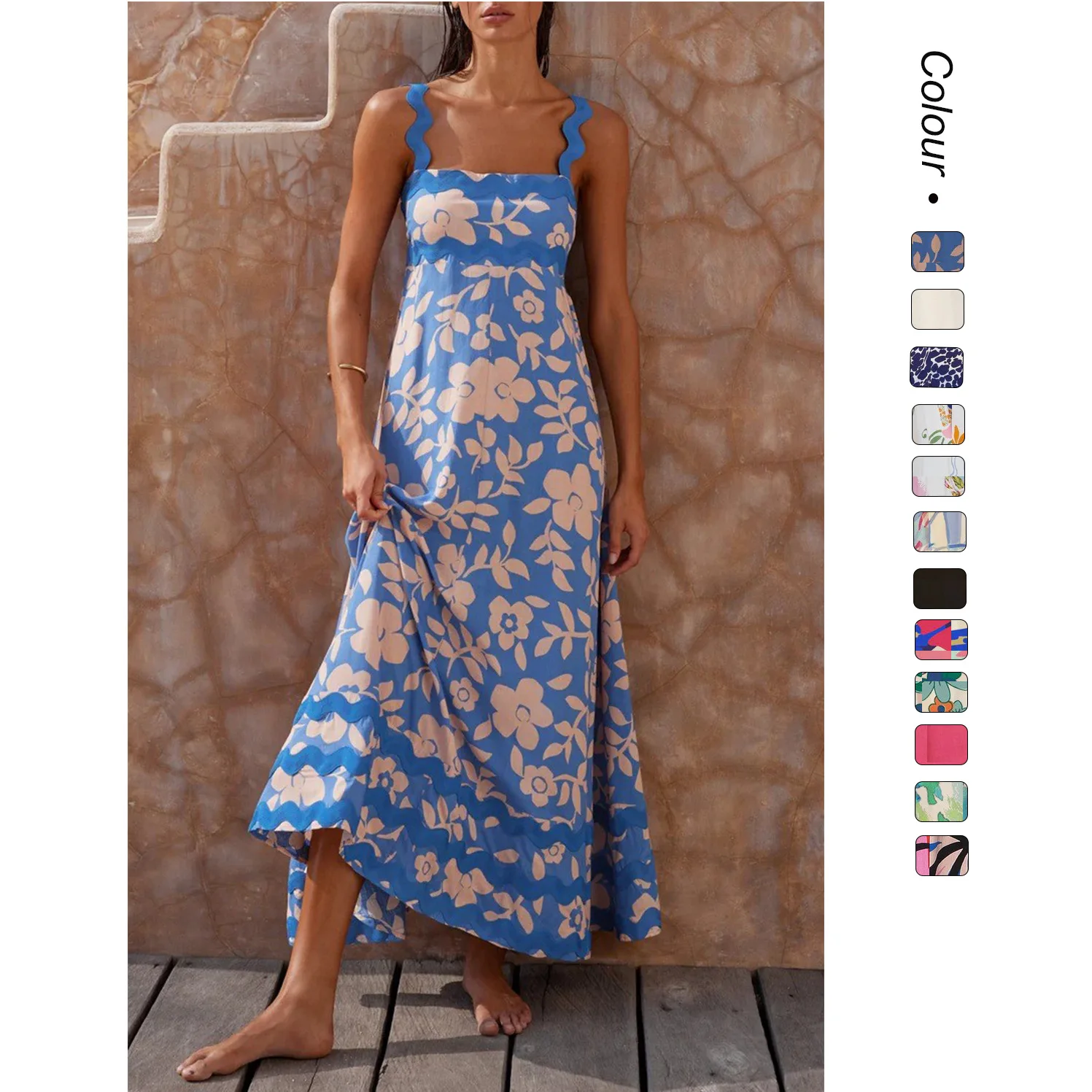 

2026 New Small Floral Wave Suspender Dress High-end Temperament A-line Dress Spot Wholesale