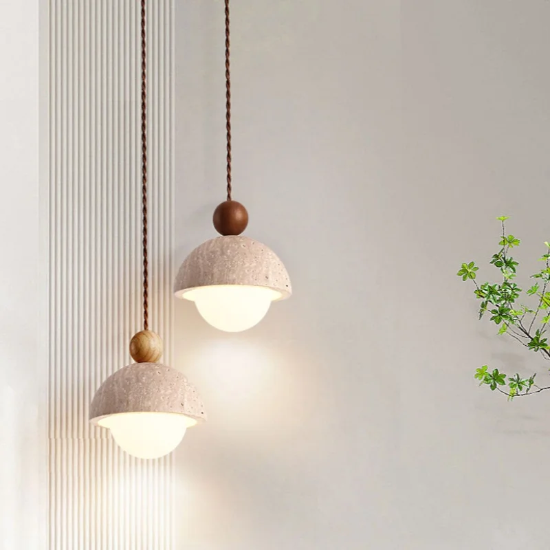 Wabi-Sabi Style Yellow Travertine Pendant Light Nordic Bedside Restaurant Counter Bedroom Decoration Walnut Color Round Ball