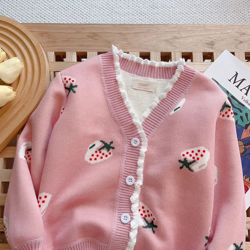 Girls V-neck Trendy Knit Cardigan Fleece Lined Thick Warm Sweater Coat Kids Casual Outerwear Autumn Winter Little Girls