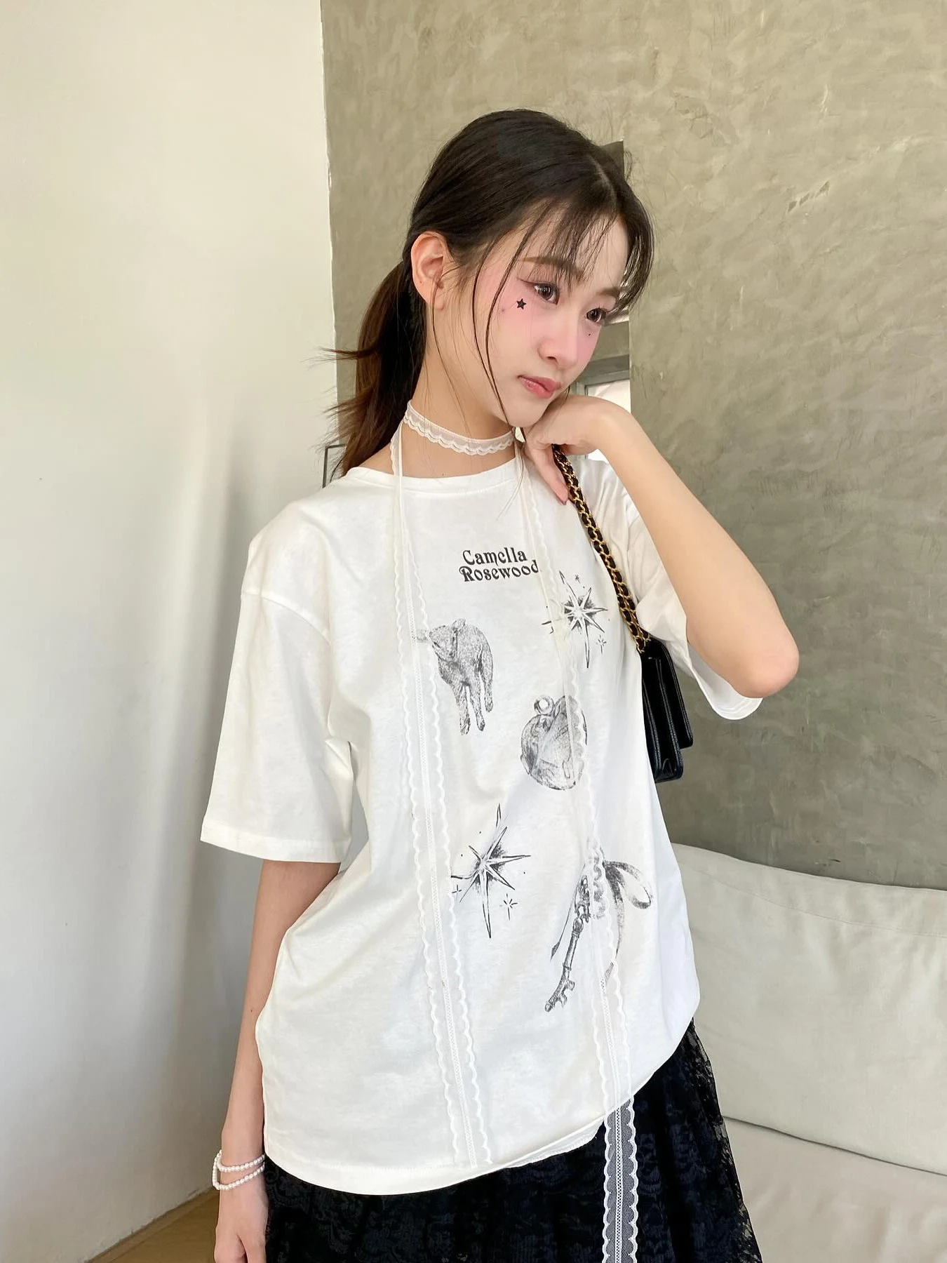 Sweet Creative Print Loose Casual round Neck Short Sleeve T-Shirt Sakura Model Summer Cotton White round Neck Top