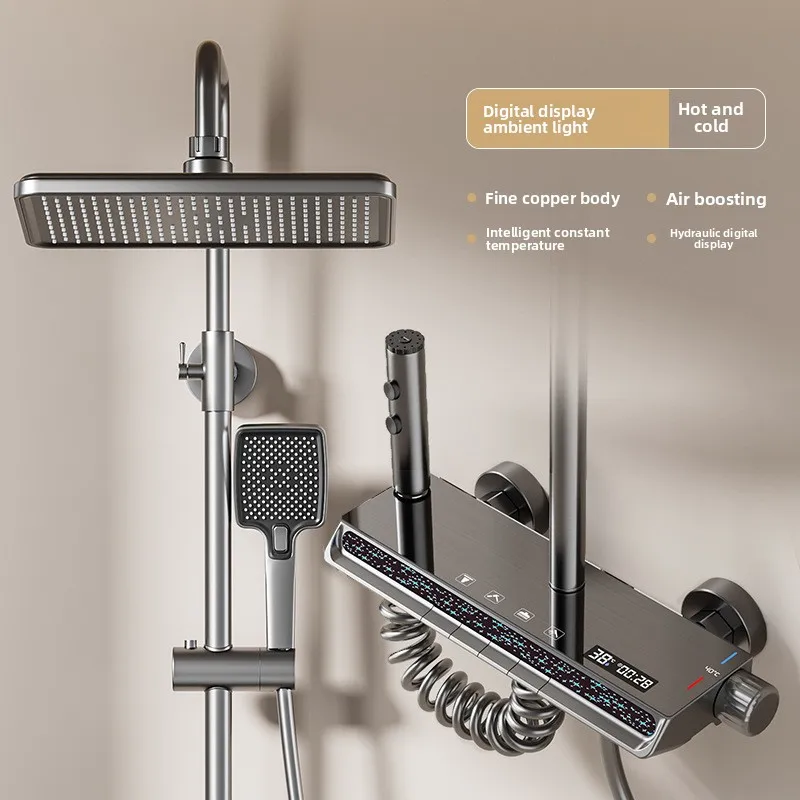 Starry Night Full Copper Shower Set Digital Temperature Display Ambient Light Thermostatic Boosting Head Cold Hot Shower