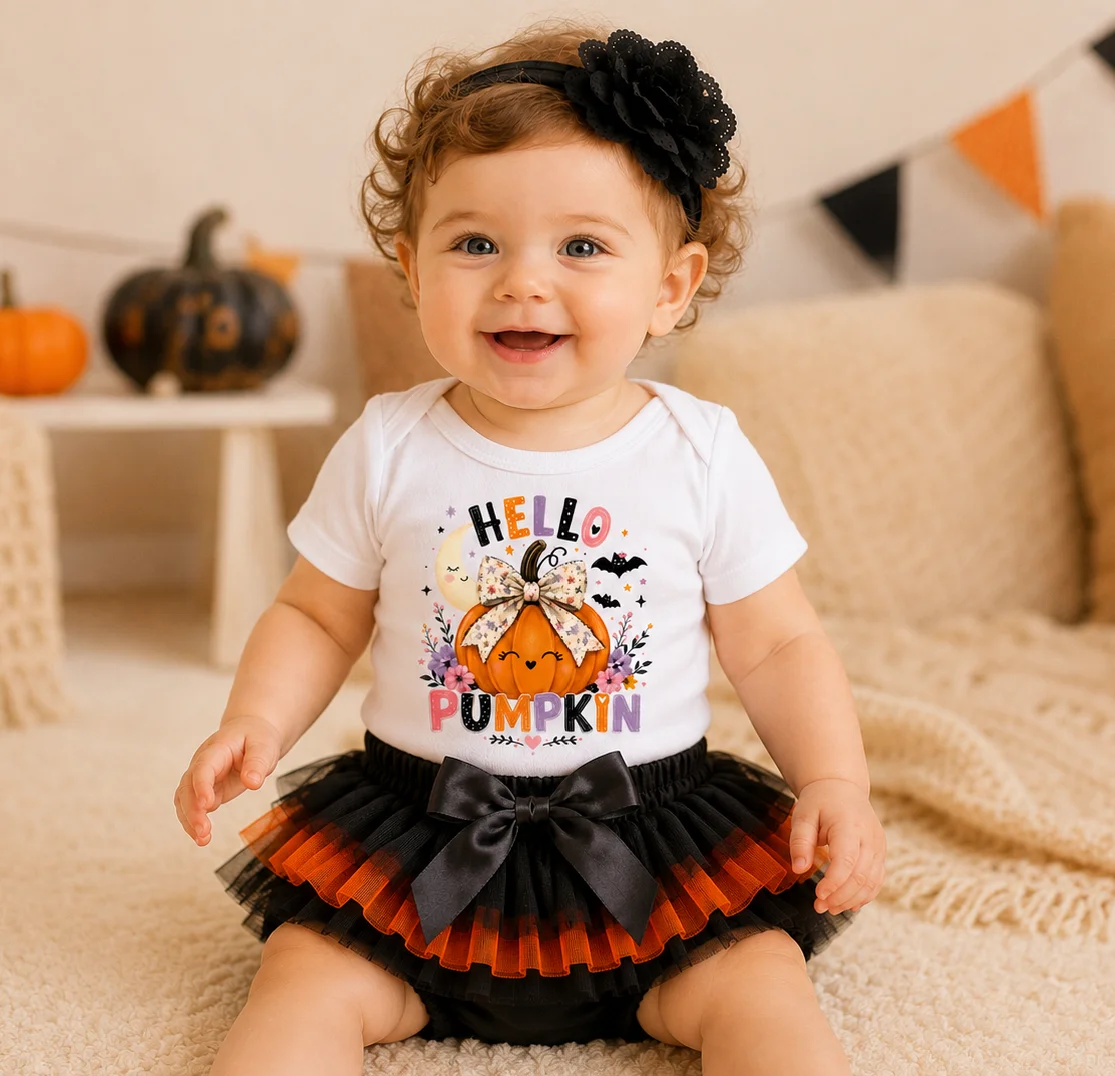 Baby Girl Hello Pumpkin Halloween Outfit 3Pcs Set Short Sleeve Romper Black Orange Tutu Skirt Floral Headband Newborn Fall Pumpk