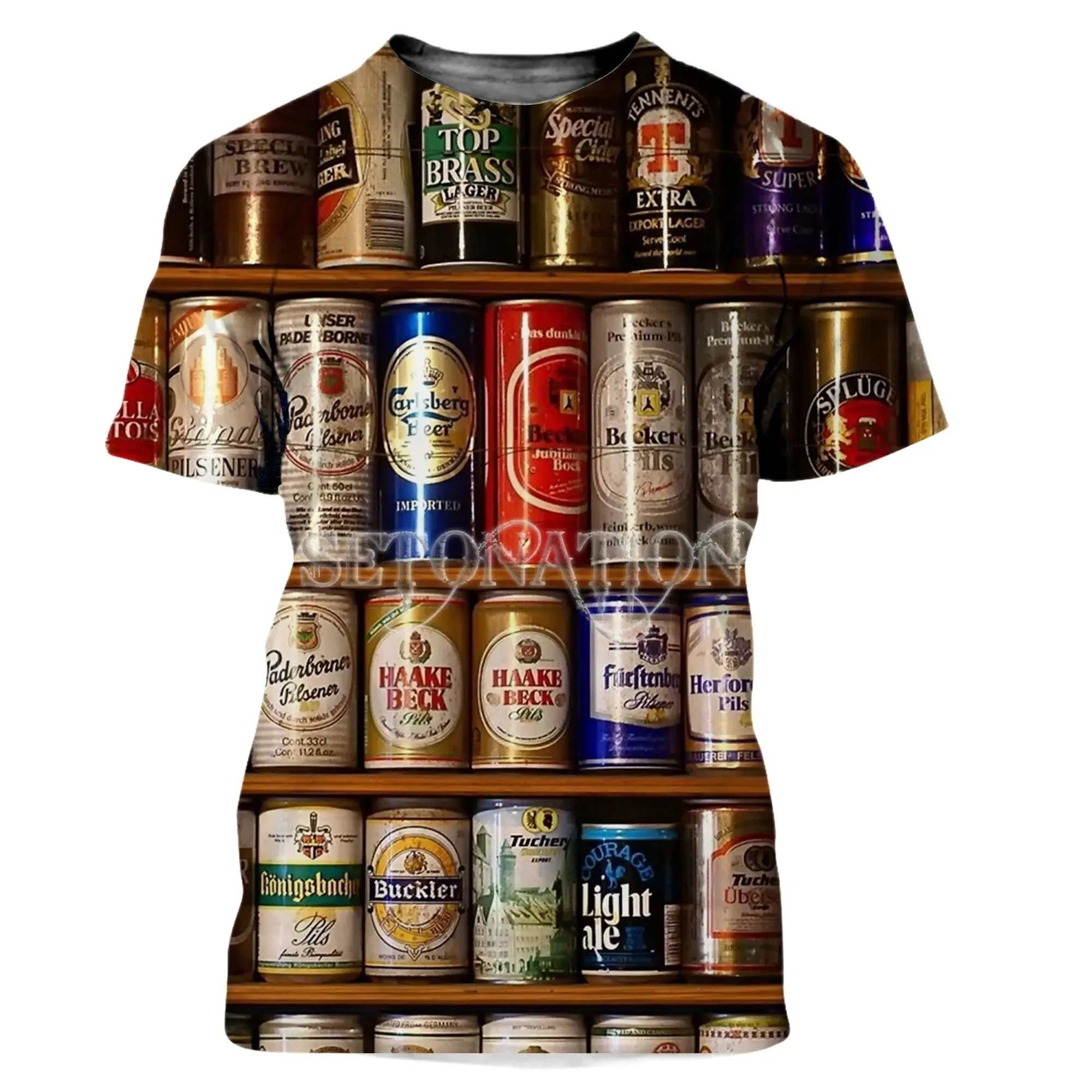 Street Pop Beer Series Printed T-shirt For Men Personalized Fun Casual Round Neck Harajuku Unisex Short Sleeve Top