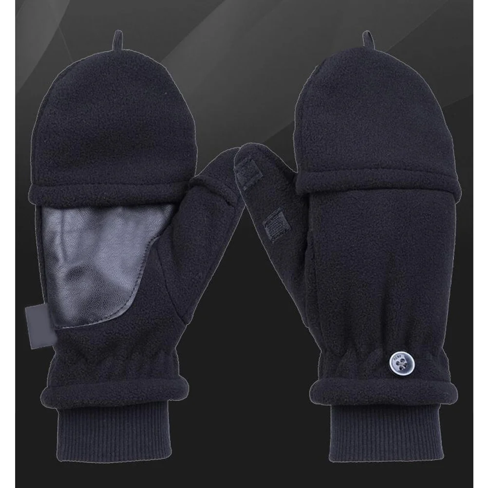 

Adult Cover Half-Finger Gloves Thickened Warm Windproof Outdoor Mitt Button Men Black Flexible Touchscreen Gloves for Cold Days