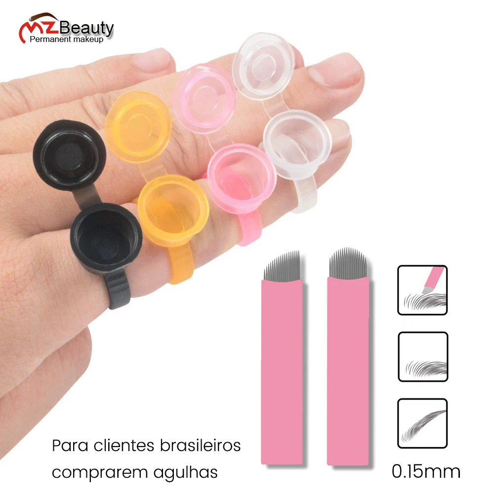 Tattoo Ink Cup With Lid Permanent Makeup Tools Microblading Needles Pigment Holder Container Kits Dia 0.15MM Tebori Blades Sets