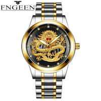 FNGEEN Men Top Luxury Fashion Ultra-Thin Quartz Watch Dragon Pattern Luminous Gold Color Stainless Steel Band Classics Men Watch