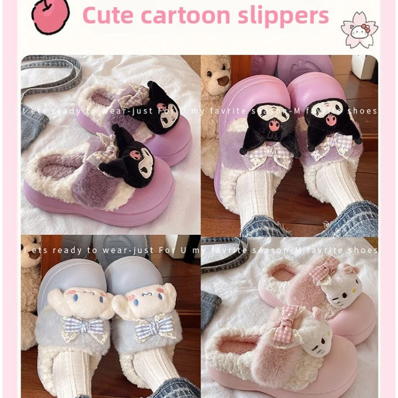 Kawaii سانريو كورومي بلدي ميلودي نعال من القطن الفتيات الشتاء سميكة سوليد عدم الانزلاق الدافئة غامض النعال المنزل ملابس خارجية لطيف هدية #1