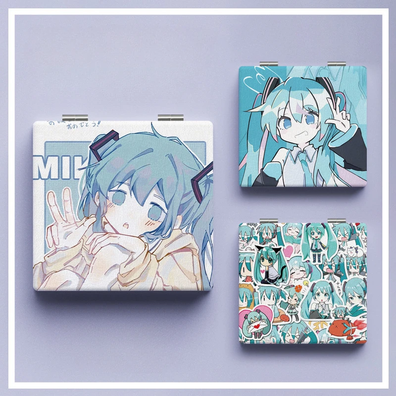 

Мини складные зеркала Hatsune Miku, милые зеркала из искусственной кожи в стиле аниме, виртуальный певец, портативный дорожный косметический инструмент, зеркала для макияжа для девочек