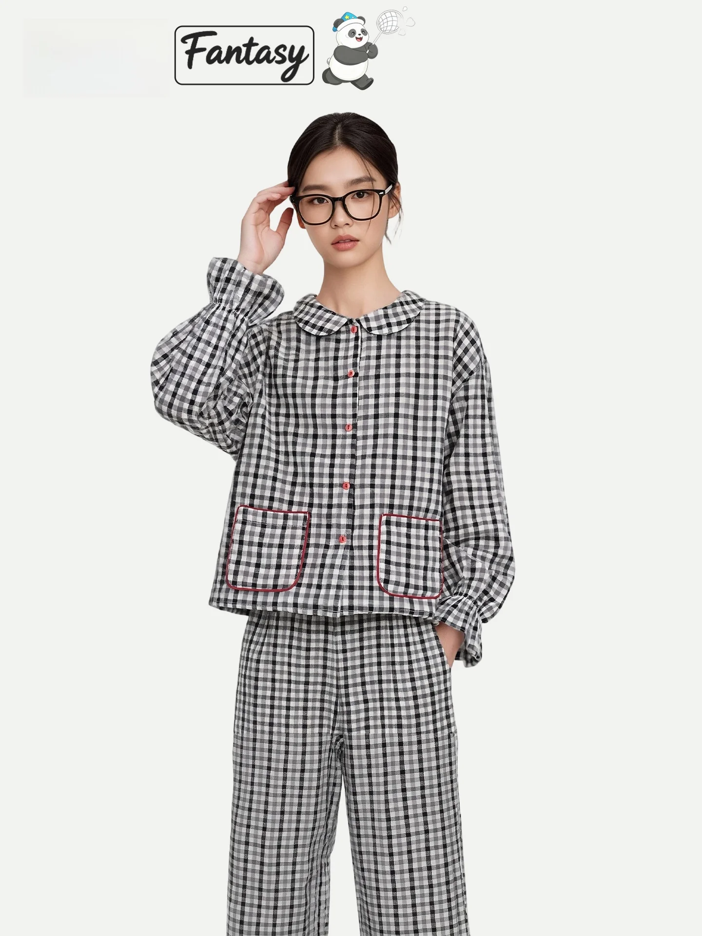 PinkBread Simple Plaid Long Sleeve Pure Cotton Sleepwear for Women Skin-friendly Home Clothes Black White Grey Spring Autumn