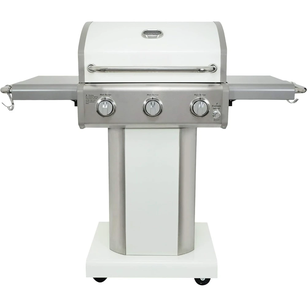 3-Burner Outdoor BBQ Grill | Liquid Propane Barbecue Gas Grill with Folding Sides,Pedestal Grill with Wheels,Pearl White