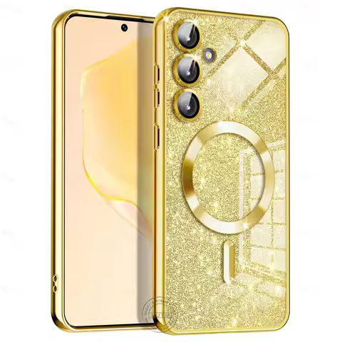 Bling Glitter Cover For Samsung Galaxy S24FE S25 S24 S23 S22 S21 S20 Plus FE Note20 Ultra Bright Case Wireless MagSafe Magnetic