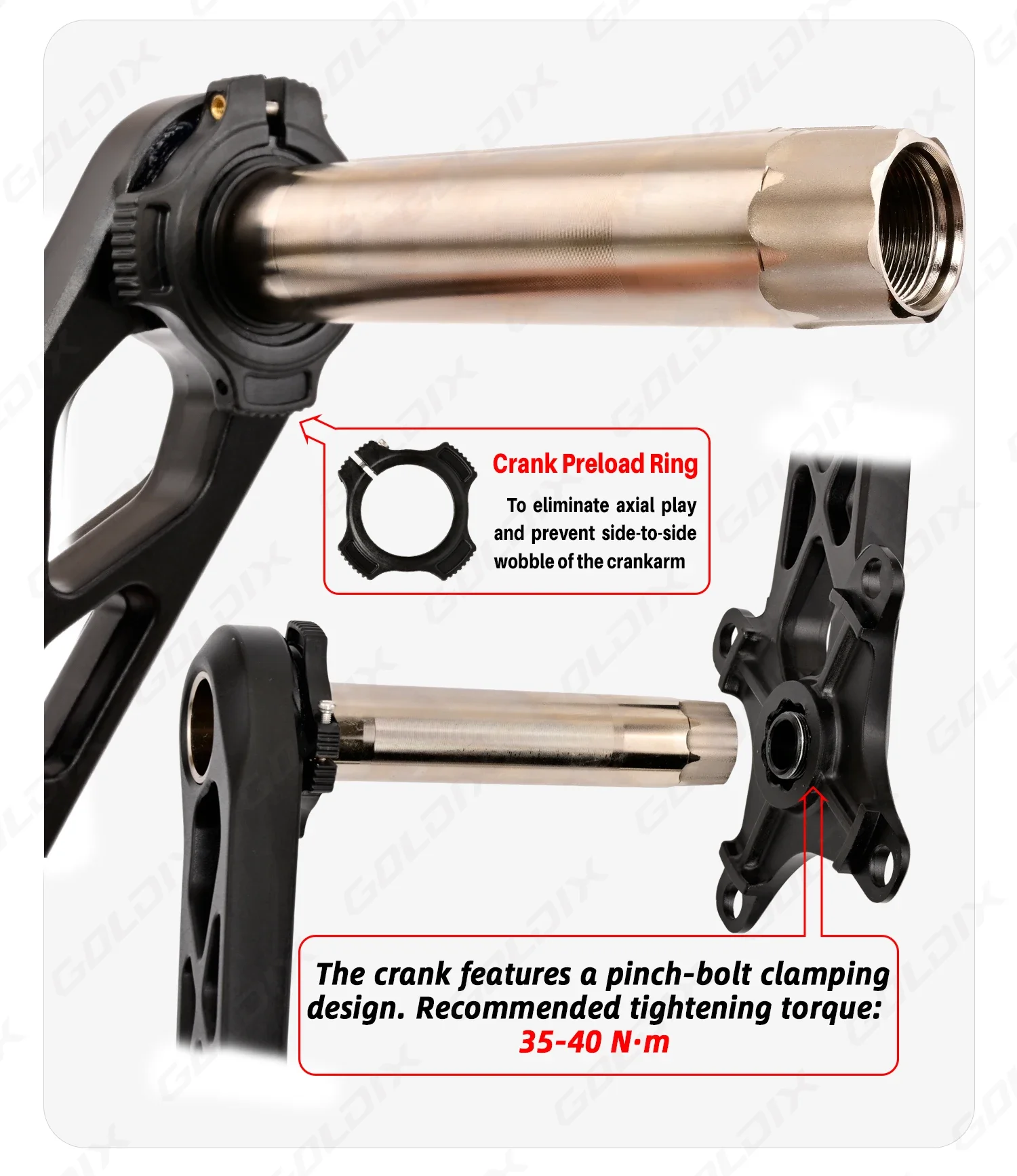 GOLDIX Hochfeste Fahrradkurbelgarnitur aus geschmiedeter Aluminiumlegierung, 104BCD, schmal-breites Kettenblatt, 170 mm Länge, für Mountainbikes. – Detail 5