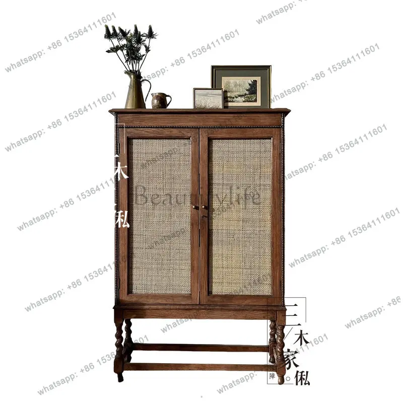 

American retro solid wood dining side cabinet, double door rattan storage cabinet, which can be customized in one piece.