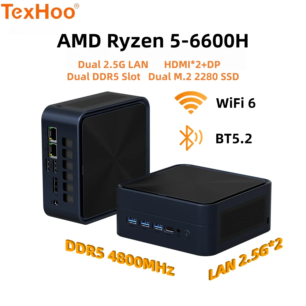 TexHoo Mini PC AMD Ryzen 5 6600H Desktop Computers WiFi 6/BT 5.2 Triple 4K Display 2.5G LAN*2 Dual DDR5 4800Mhz+Dual M.2 SSD
